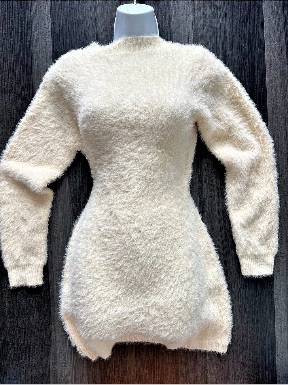 Fuzzy Long Sleeve Mini Dress in Cream Like New